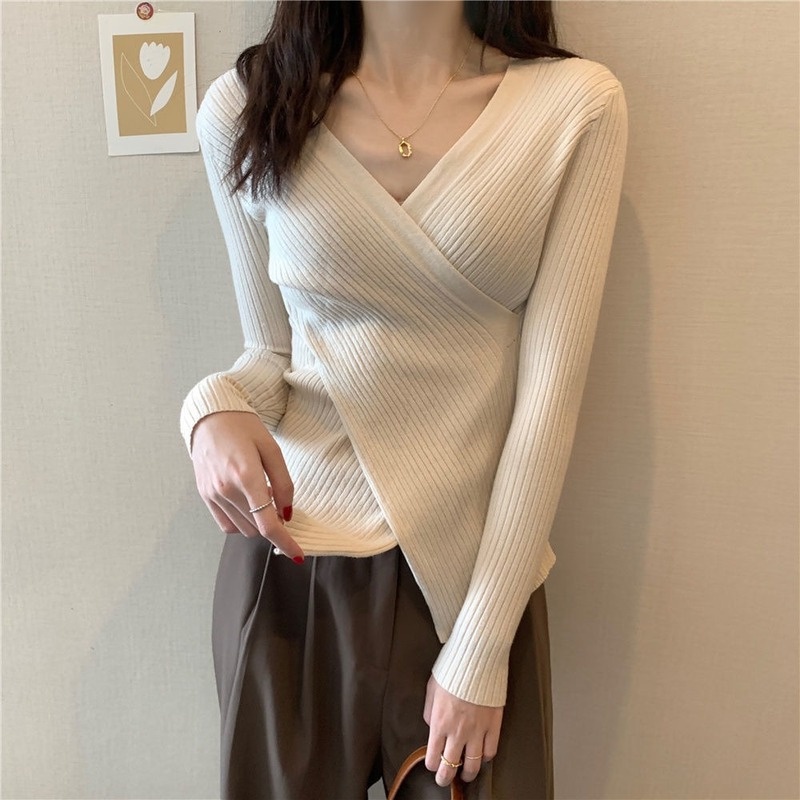 Áo Thun Dệt Kim Tay Dài Cổ Chữ V Màu Trơn Thời Trang Phong Cách Phương Tây Dành Cho Nữ