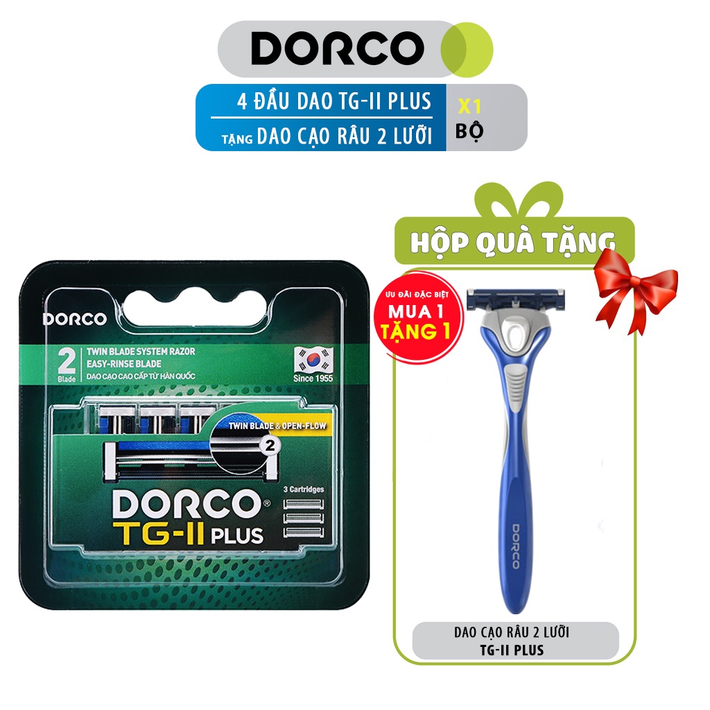 4 Đầu dao cạo 2 lưỡi và hộp quà tặng cán dao cạo 2 lưỡi DORCO TG-II Plus