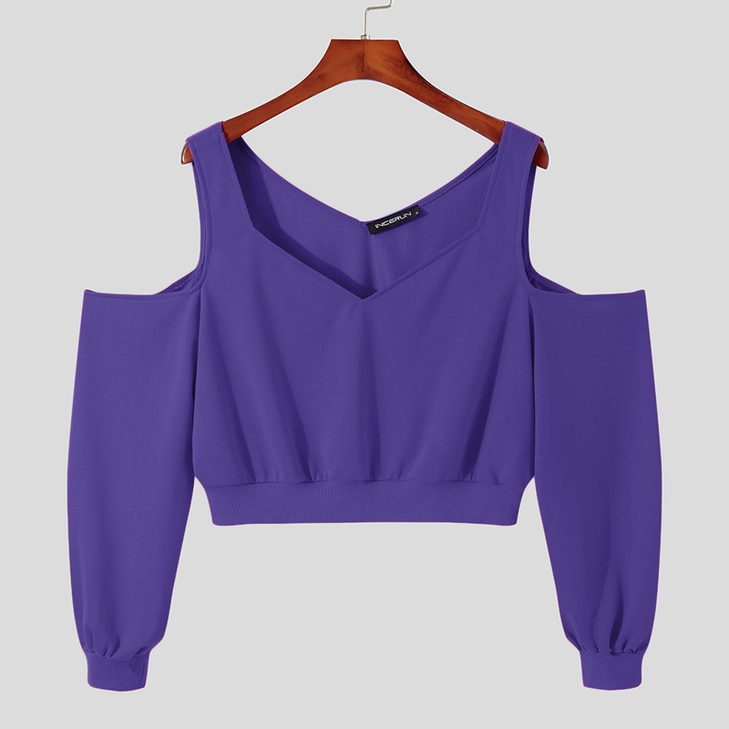 Áo crop top INCERUN tay dài phồng cổ chữ V 3 màu sắc tùy chọn thời trang dành cho nam