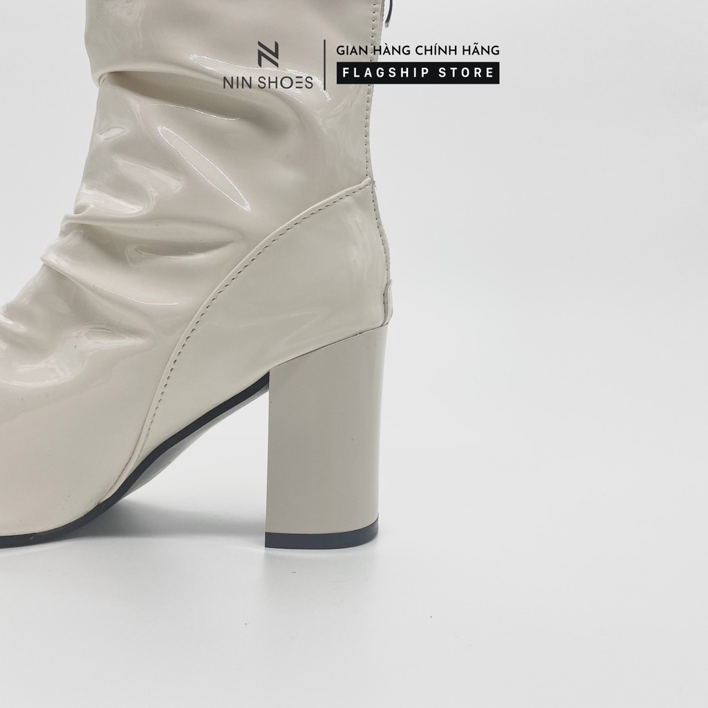 Giày Boot nữ 7p gót vuông chỉ giữa da bóng nhăn kéo khoá sau Ninshoes | BigBuy360 - bigbuy360.vn