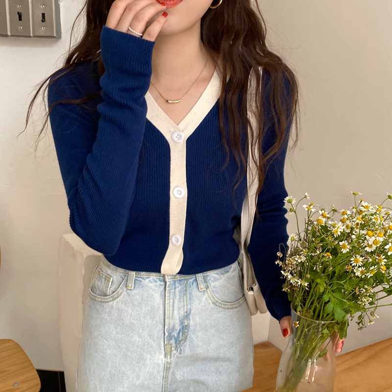Áo khoác cardigan Pure Cube dài tay cổ chữ V màu sắc tương phản phong cách Hàn Quốc cho nữ
