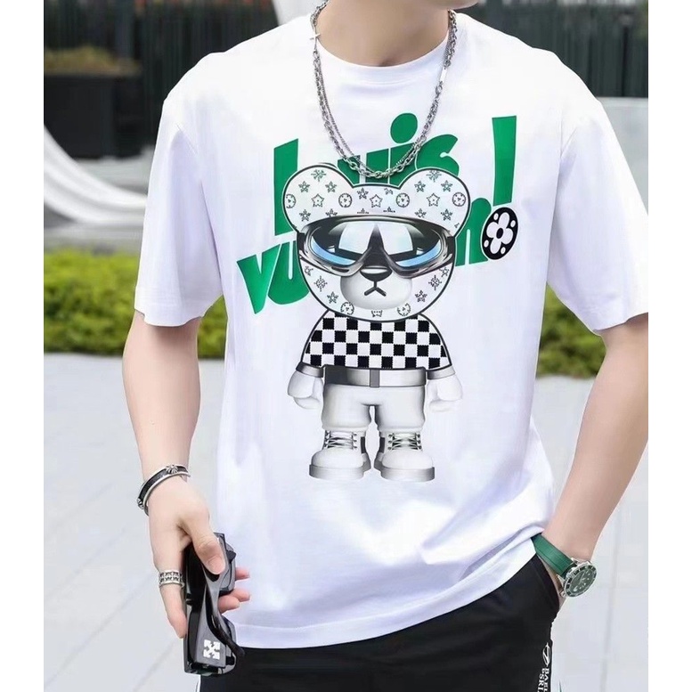 Áo Thun In Hình Gấu Luoisvuitton  Cổ Tròn Chất Cotton Mùa Hè Nam Nữ