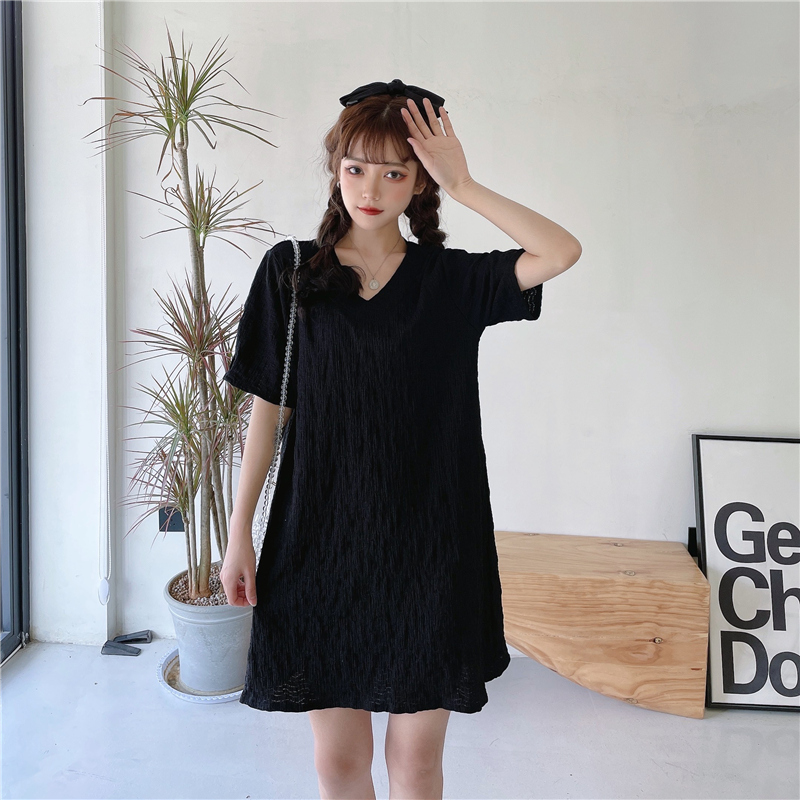 SUXI Đầm midi tay ngắn thiết kế cổ chữ V phong cách trẻ trung