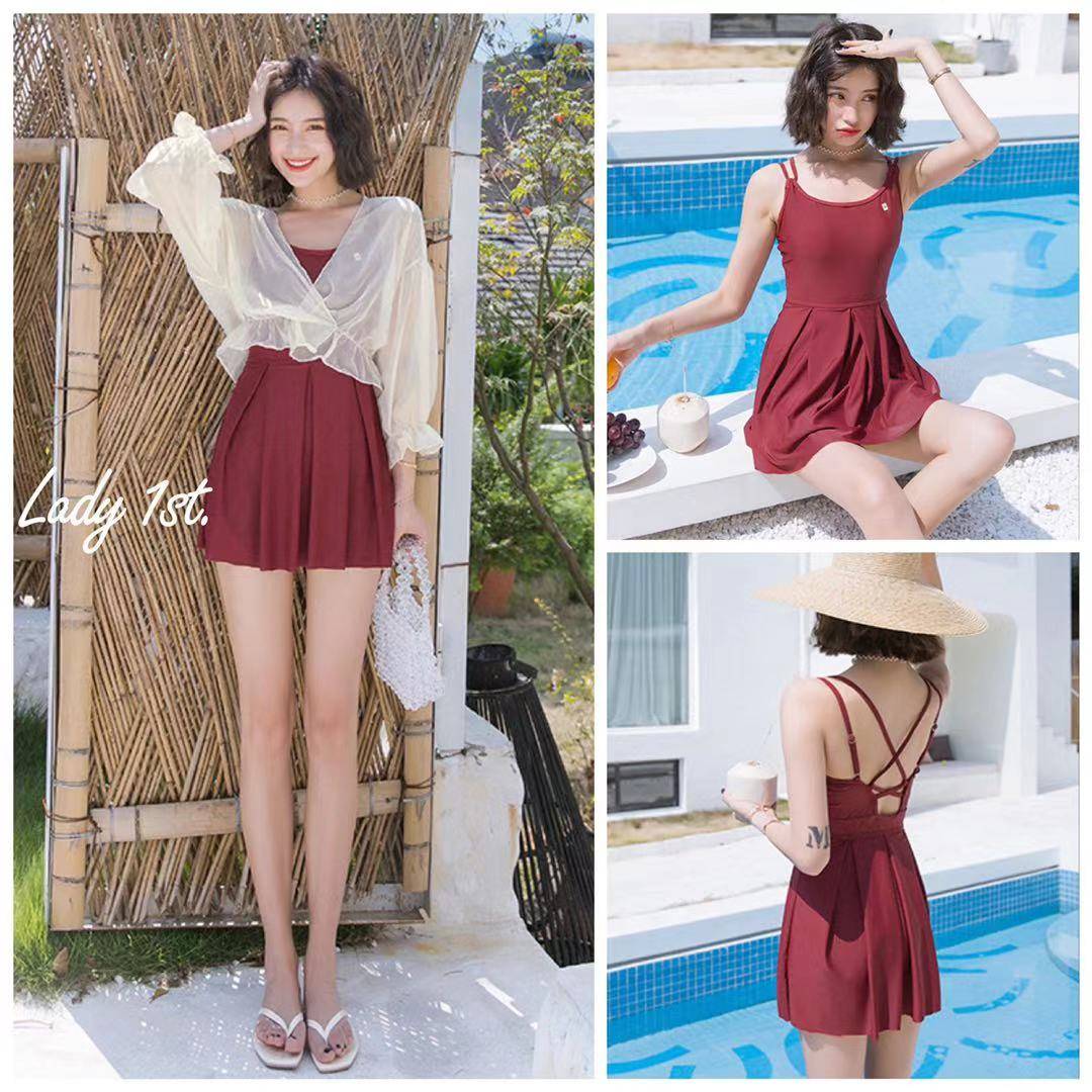 INS women's swimsuit + blouse cover belly slim conservative cute Japanese swimwear