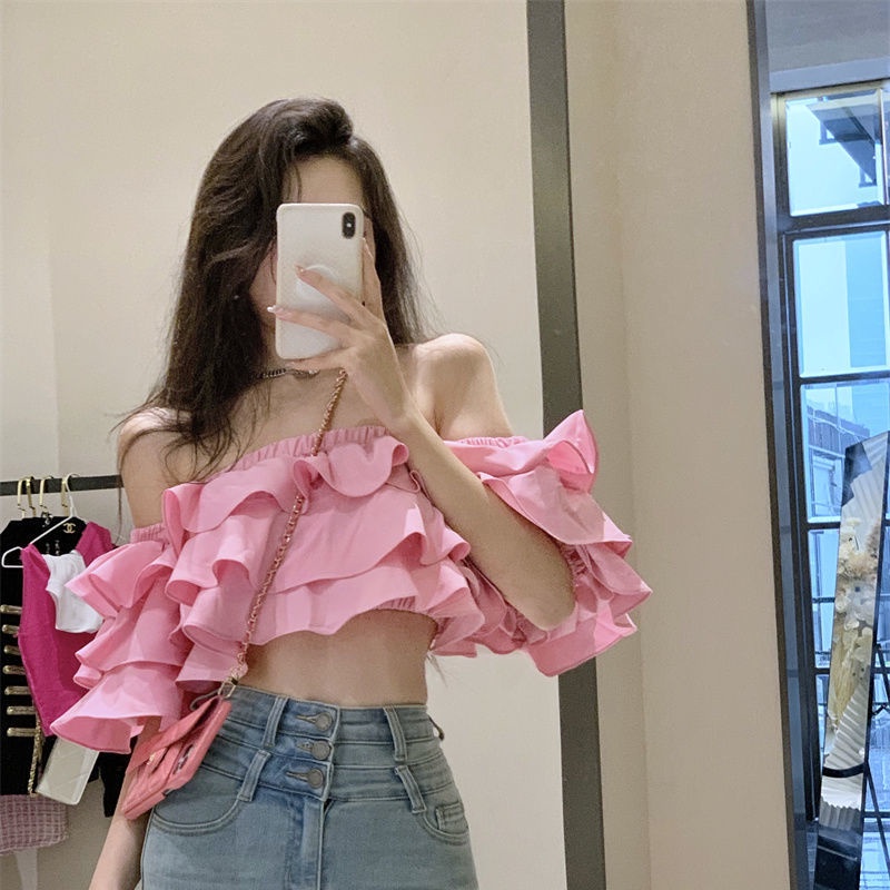 Áo kiểu COZOKC tay ngắn trễ vai phối bèo thiết kế ôm sát tôn dáng