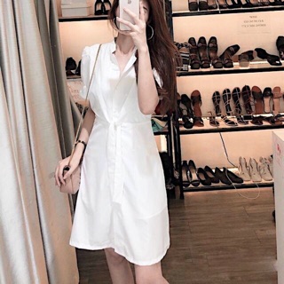 Đầm sơ mi cổ trụ thắt eo 2 màu (kèm hình thật)