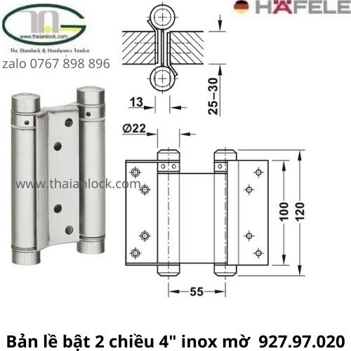 Bản lề bật 2 chiều 4" inox mờ tải trọng cửa 12-16kg 927.97.020