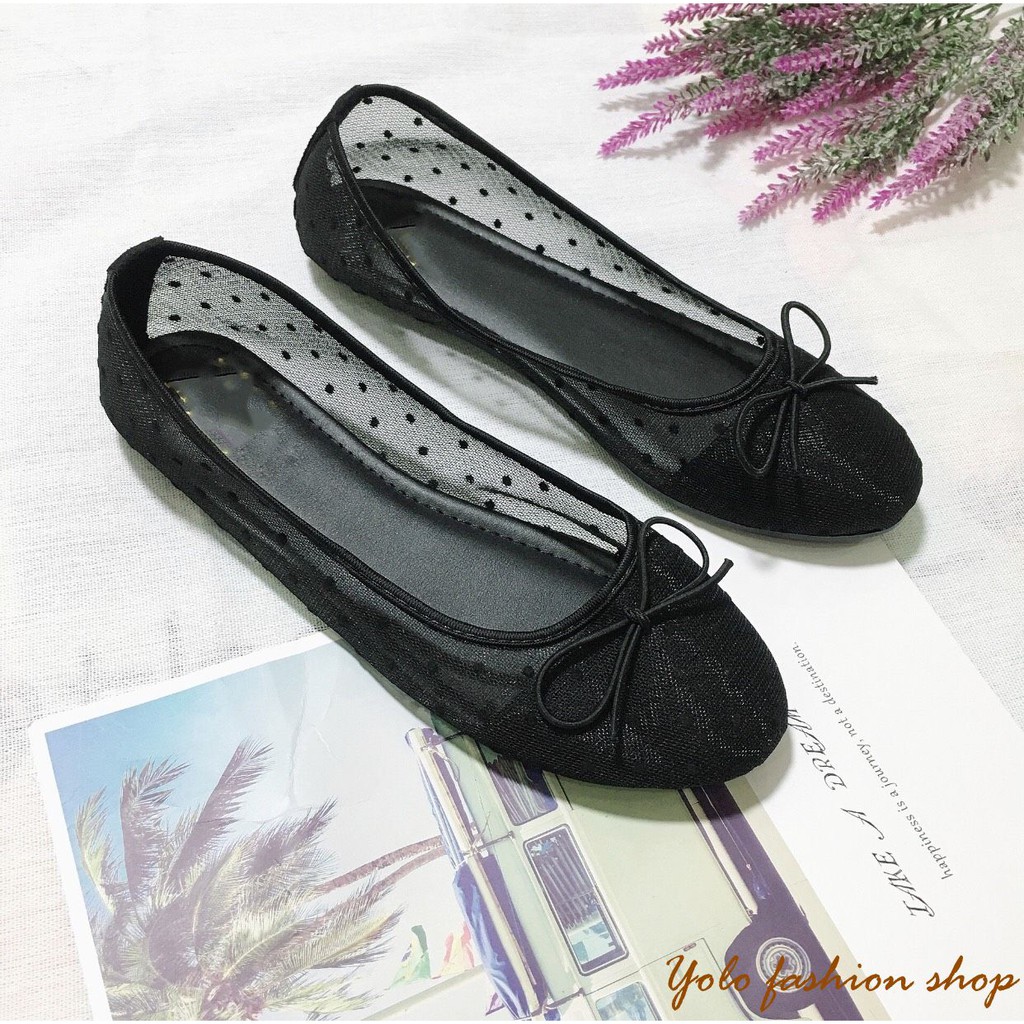 Hình thật B4-Giày bệt búp bê nữ phối lưới chấm bi xinh xắn | BigBuy360 - bigbuy360.vn