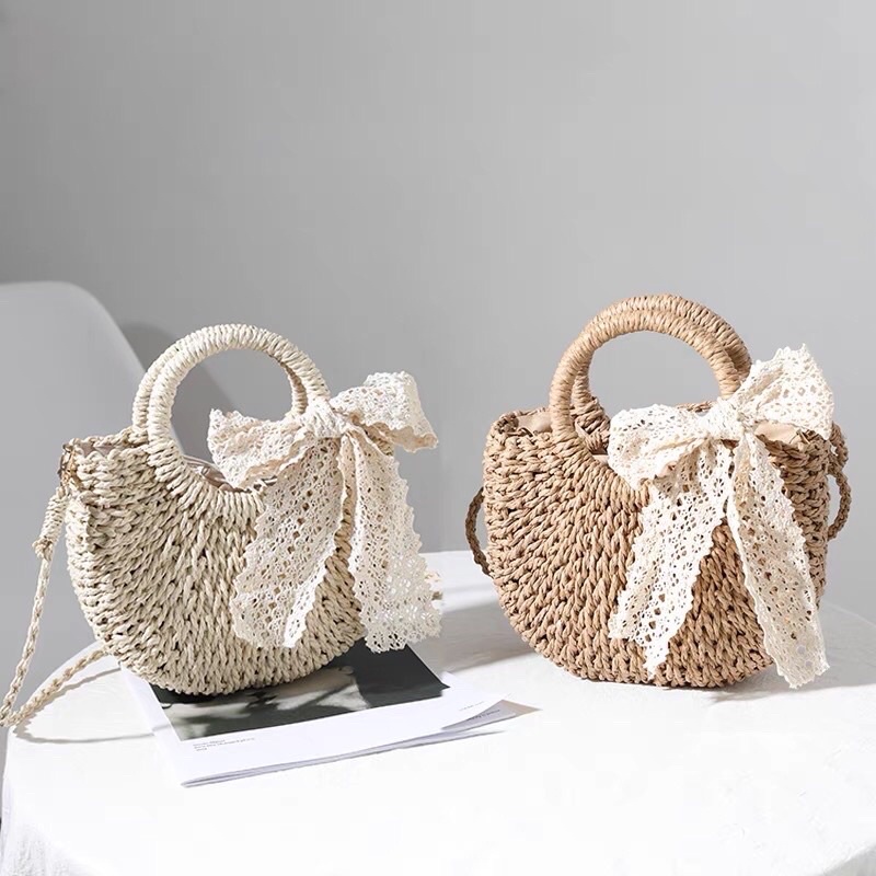 Túi Cói Bán Nguyệt Nơ Xinh Vintage