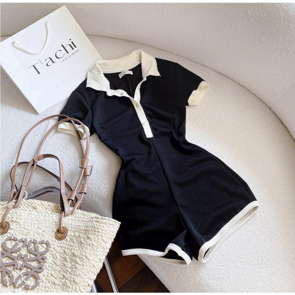 JUMPSUIT ĐEN GÂN VIỀN TRẮNG SHORT ĐÙI POLO VIỀN (TH)