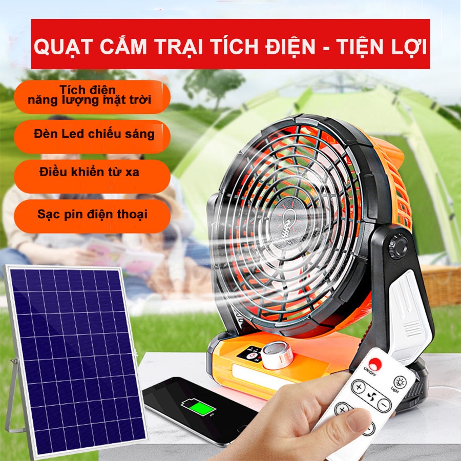 Quạt Cắm Trại Tích Điện Năng Lượng Mặt Trời - Có Thể Đứng Hoặc Treo Tiện Lợi Mang Theo- Dung Lượng Pin Cao