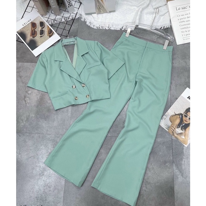 set vest ngắn kèm quần tây ống suông hàng thiết kế, vest cách điệu phía sau áo