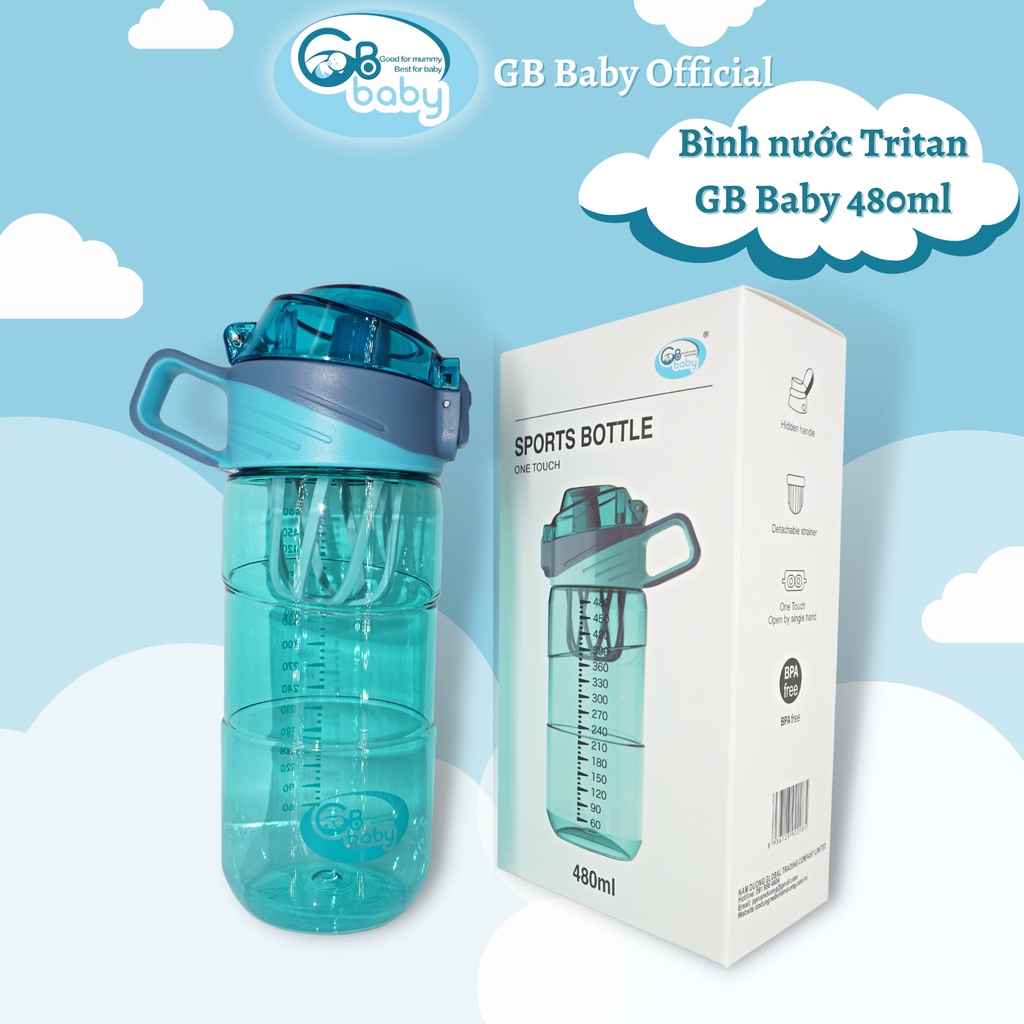 Bình uống nước Tritan GB Baby 480ml dùng đi học đi làm tập thể dục dành cho đối tượng từ 6 tuổi trở lên