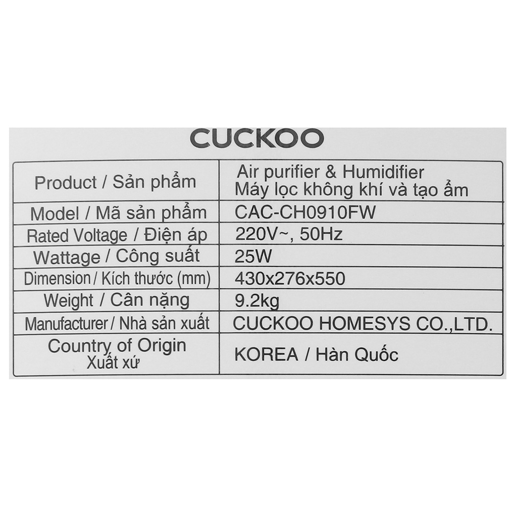 [Mã ELHA10 giảm 6% đơn 5TR] Máy lọc không khí Cuckoo CAC-CH0910FW