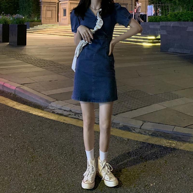 Blue denim dress retro bubble sleeve slim fit waist solid color thin medium length skirt small V-neck