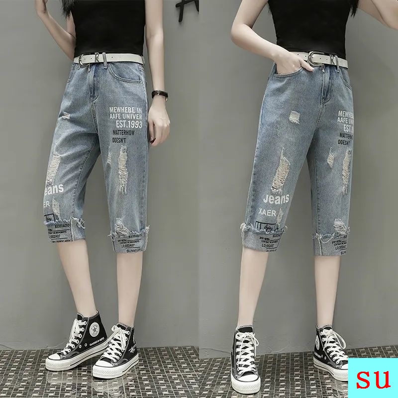 Quần Lửng Denim Rách Dáng Rộng Thời Trang Mùa Hè Dành Cho Nữ 2022 Plus Size