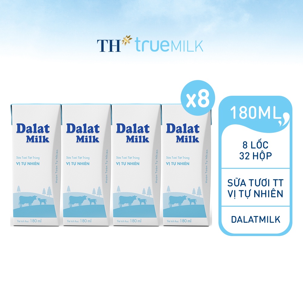 8 Lốc sữa tươi tiệt trùng vị tự nhiên Dalatmilk 180ml (180ml x 4)