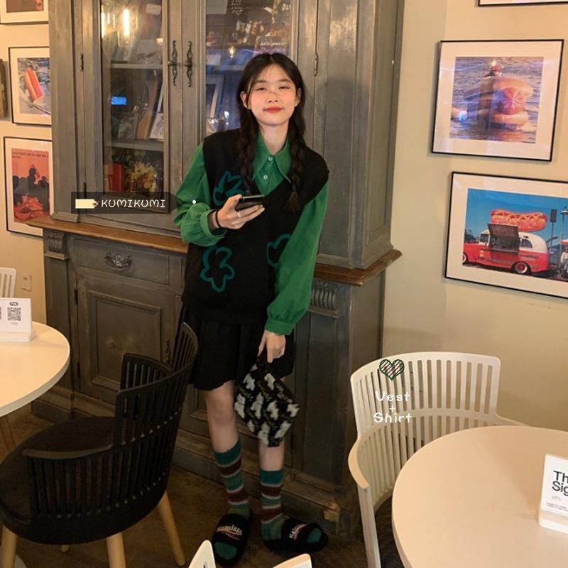 Set Áo Sơ Mi Dài Tay + Đầm Yếm Dệt Kim Thiết Kế Mới Thời Trang Mùa Xuân Thu Dành Cho Nữ