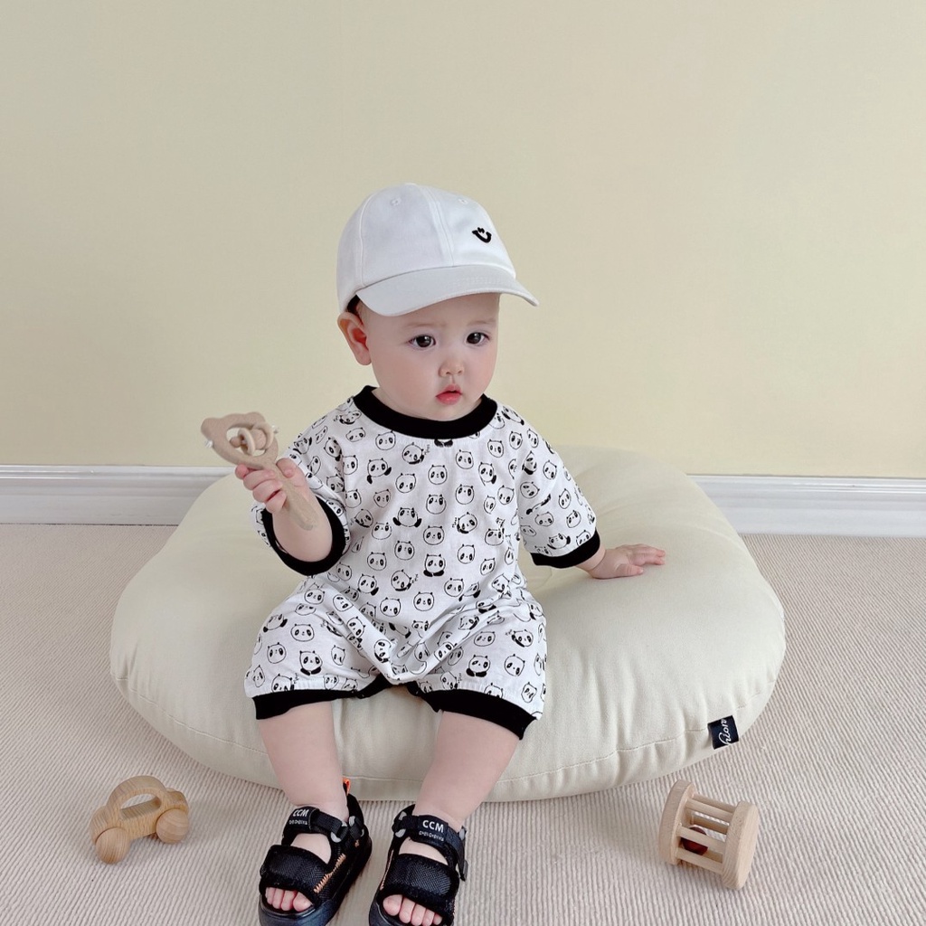 Bộ Áo Liền Quần Cotton Tay Ngắn In Họa Tiết Gấu Trúc Hoạt Hình Cho Bé Trai &amp; Gái 0-24 Tháng Tuổi