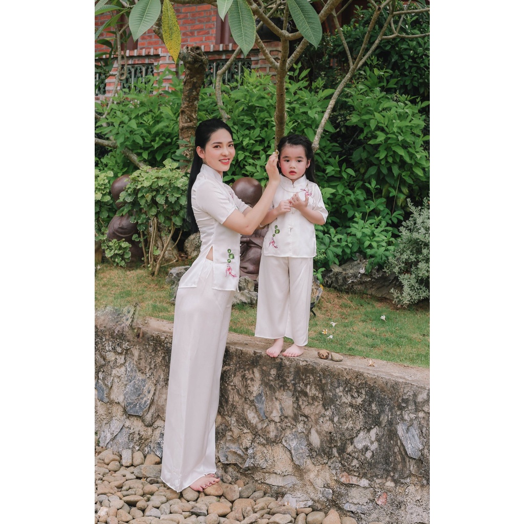 Đồ Lam Đi Chùa Bé Gái - Bộ Đi Lễ Chùa AL018 Trang Nhã Thêu Cá Ngọc Xinh Lung Linh Dành Cho Bé BÉ - AL018