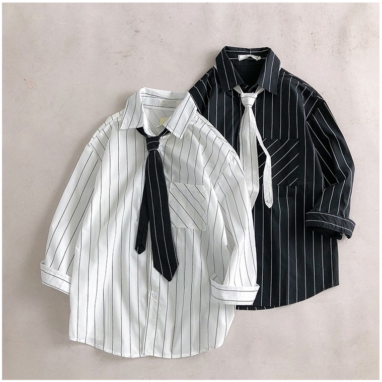 (A129) áo sơ mi unisex kẻ sọc kèm cà vạt 2 màu đen - trắng | BigBuy360 - bigbuy360.vn