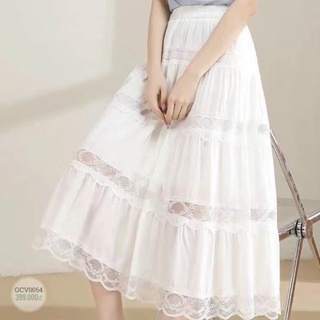 chân váy thô lụa phối ren