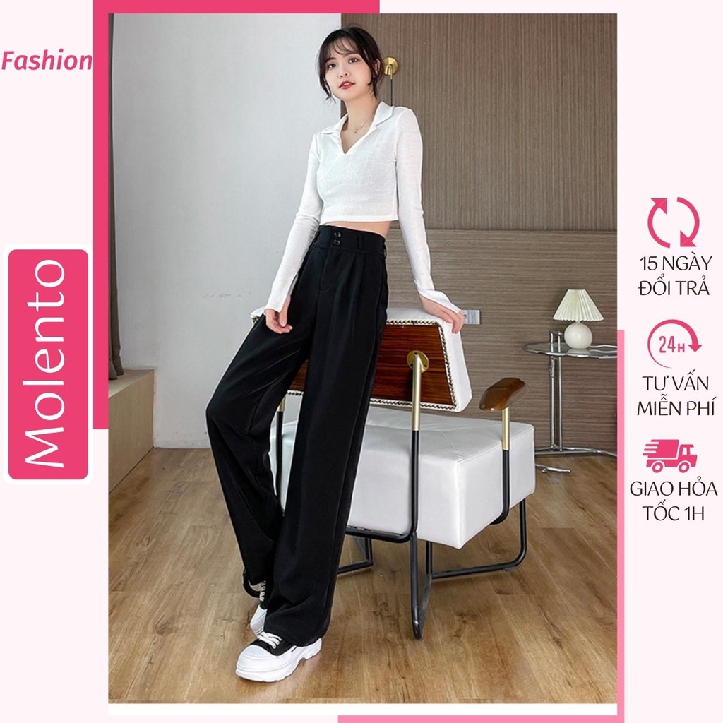 Quần Ống Rộng Suông Lưng Cao Khóa Trước Hai Cúc Vải Tuyết Mưa Ôm Eo Tôn Dáng Phong Cách Hàn Quốc Trắng Đen Molento M08