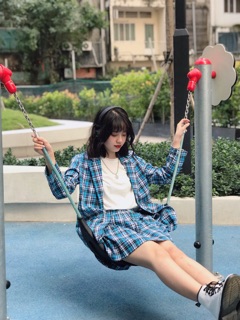 Usthebasic - Chân váy Plaid Pleated Blue Skirt