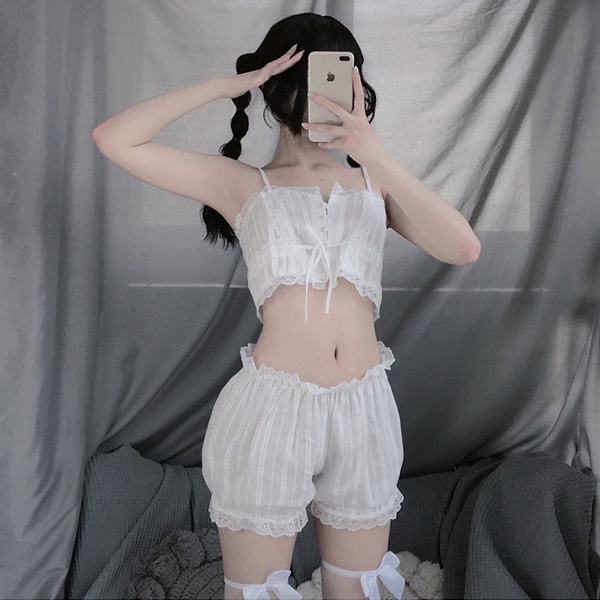 Đồ ngủ sexy nữ 2 dây bộ ngủ hai dây set ngủ vải đũi mỏng màu trắng gợi cảm BIKIHOUSE N120 - HCM - Giao Hỏa Tốc