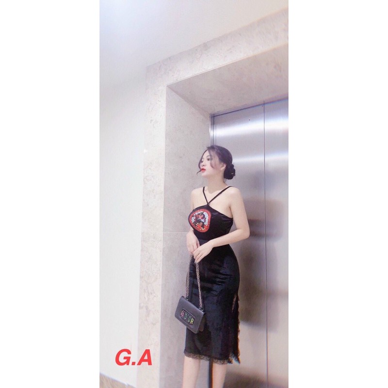 [Mã FATHANG5 giảm 10K đơn 50K] đầm body cổ yếm nhung thêu