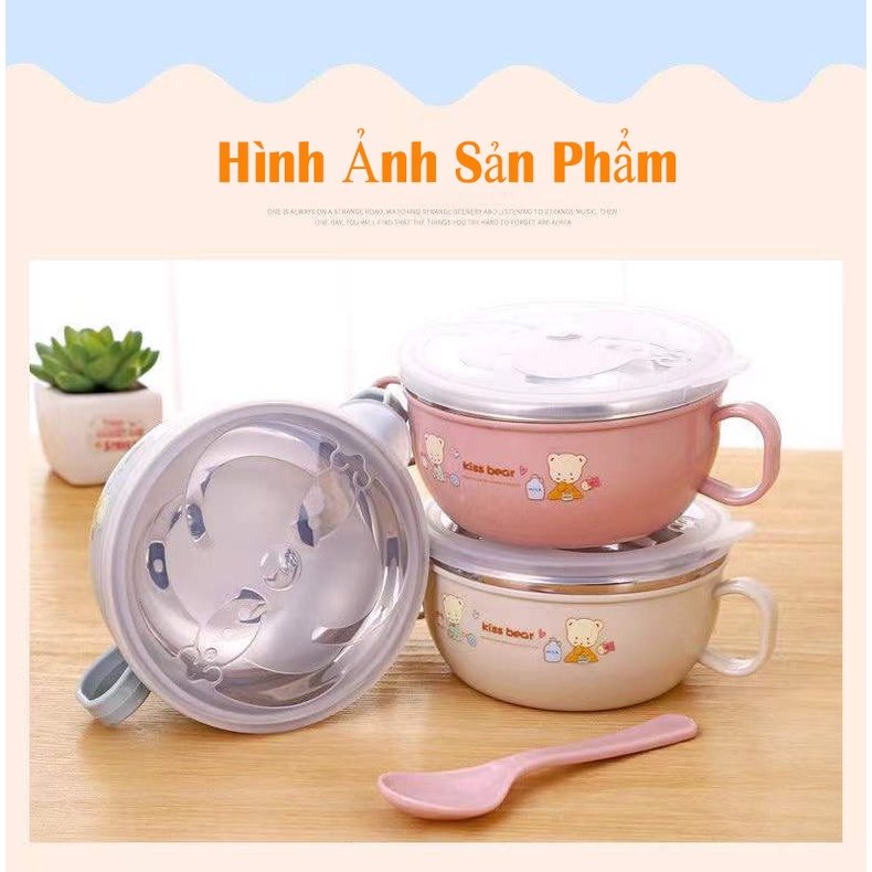 Bát ăn dặm cho bé, Bát Ăn Inox Cách Nhiệt Có Tay Cầm Kèm Muỗng Và Nắp Cho Bé-Khoaibaby