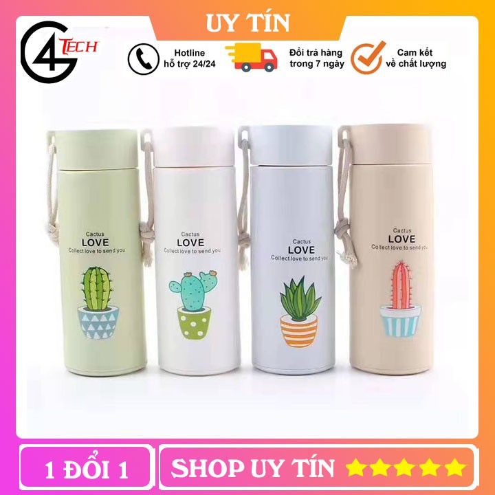 Bình giữ nhiệt in hình xương rồng 450ml lõi thủy tinh bọc và nhựa lúa mạch có dây sách tiện dụng