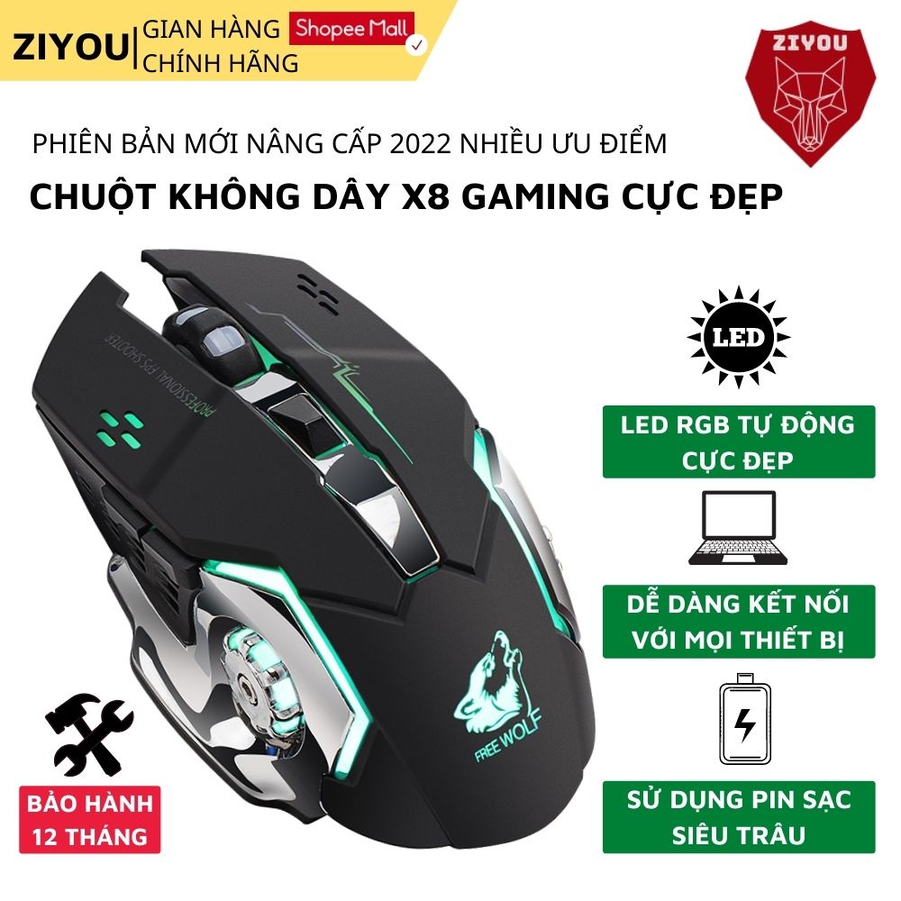 Chuột máy tính không dây Gaming ZIYOU X8 có đèn LED tự động đổi màu,có thể sạc lại, kết nối 2.4GHZ chuyên game