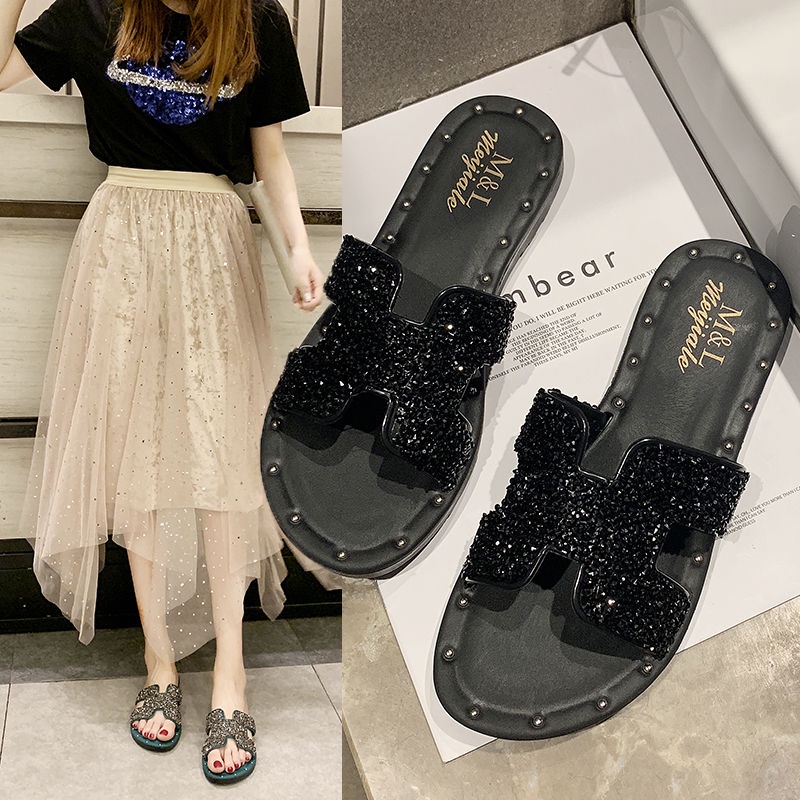 Dép Sandal Đế Bằng Đính Đá Phong Cách Hàn Quốc Thời Trang Mùa Hè 2022 0311 Cho Nữ