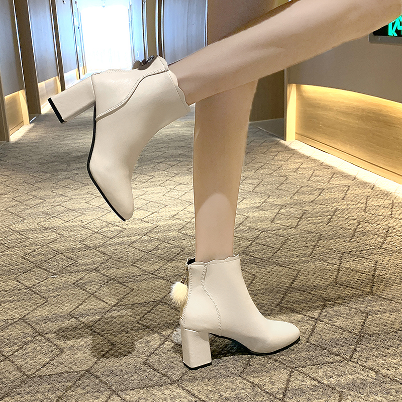 Giày cao cổ nữ có lớp nhung Giày Martin mẫu mới năm 2020 Giày cao gót thu đông màu trắng lưới màu đỏ gầy
