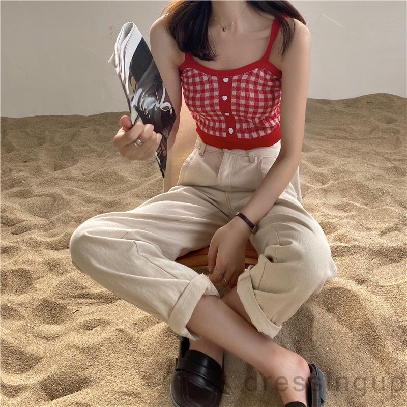 Áo Hai Dây Họa Tiết Caro Phong Cách Vintage Thời Trang Cho Nữ