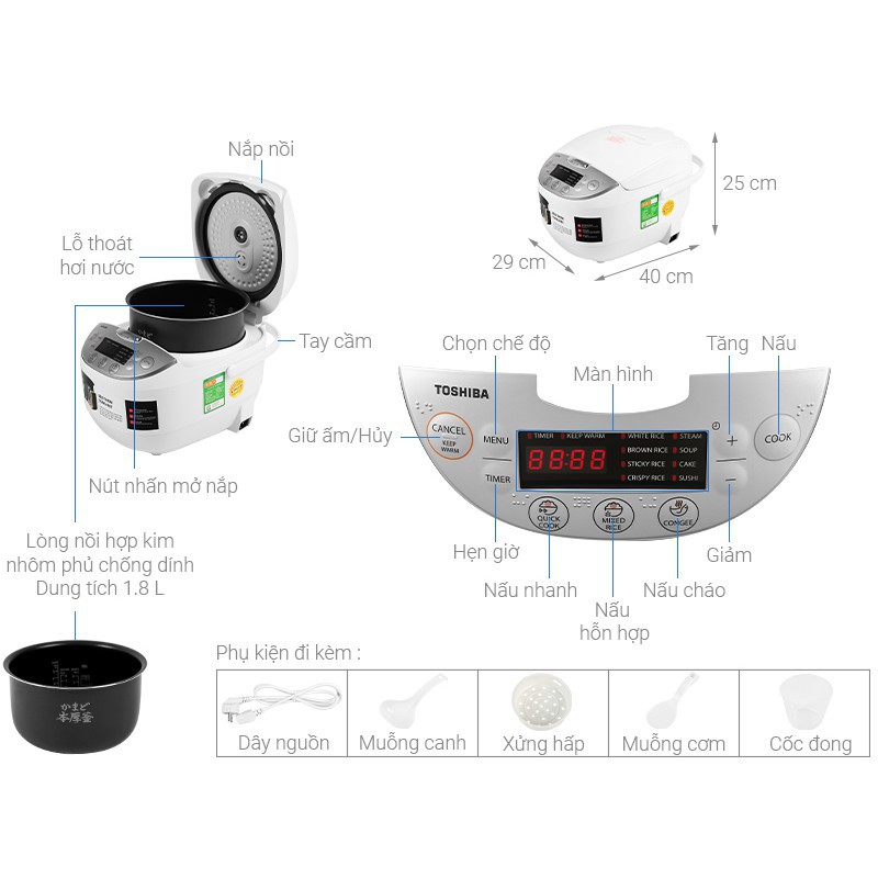 [Mã ELHADEV giảm 4% đơn 300K] Nồi cơm điện tử Toshiba RC-10DH2PV(W) / RC-18DH2PV(W)