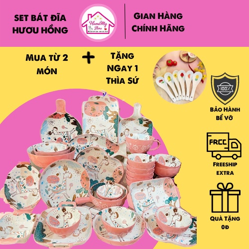 Set Bát Đĩa Decor Hươu Hồng Bát Ăn Cơm Chén Dĩa Dễ Thương Bát Ăn Dặm Cho Bé