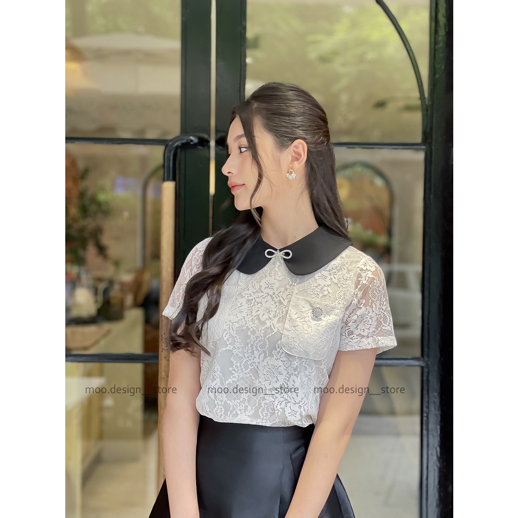 Áo tiểu thư, cổ đen nơ đá và khuy đá túi, MOO Design- ARMD8
