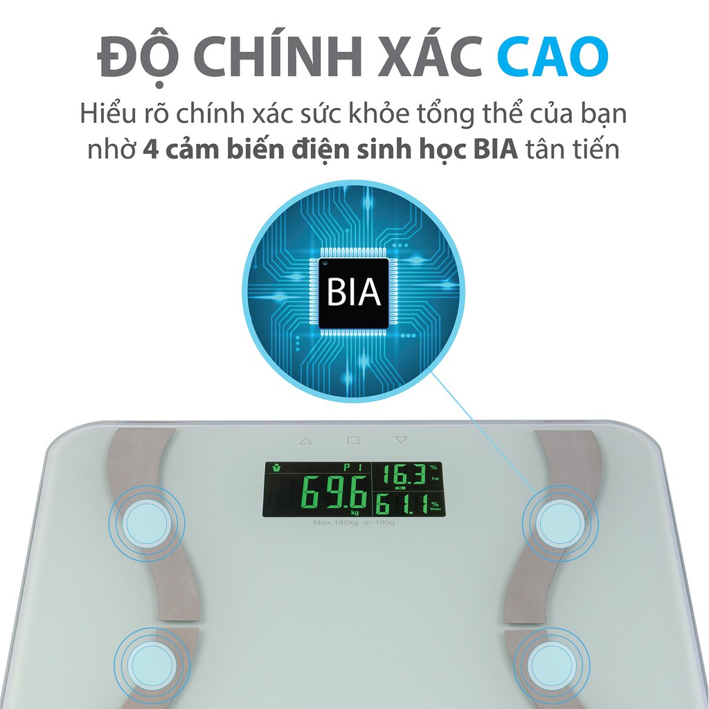 Cân sức khỏe điện tử thông minh Genky - phân tích cơ thể, theo dõi mỡ, cơ, nước, xương, calo