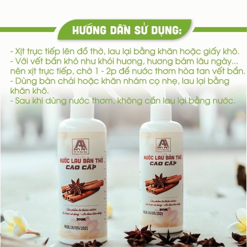 Combo Nước LAU BÀN THỜ Cao cấp /Nhang Bình An (Quế)/Như Ý (Trầm)/ Cát tường ( Khuynh diệp) Thảo mộc An An