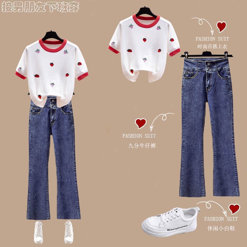 One-piece / suit summer ice silk short-sleeved T-shirt women's thin top ins tide 2022 high-waisted micro jeans