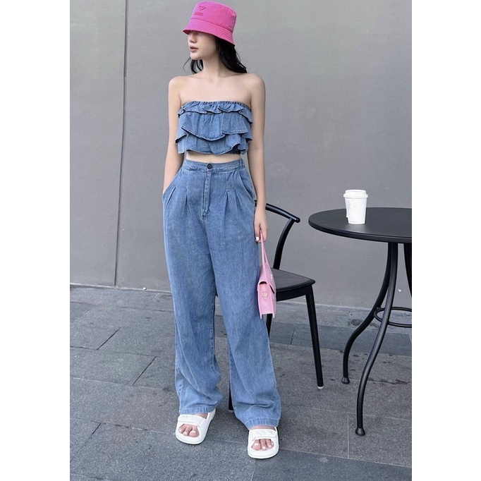 Set Jeans Áo Quây Nhún Bèo Ngực Mix Quần Jeans Ống Xuông Thời Trang Sành Điệu Set Đồ Bộ Nữ Đi Chơi Dạo Phố