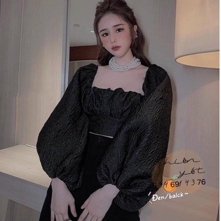 Áo XỐP tiểu thư kiểu cổ vuông tay phồng cột nơ sau thời trang nữ hình thật - Thiên Yết