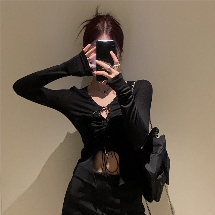 QKOOLE Áo thun croptop  tay dài phong cách Hàn Quốc thời trang cho nữ