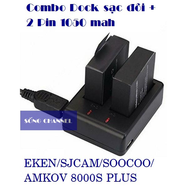 Combo Dock sạc đôi + 2 Pin 1050 mah dùng cho Eken, SJ Cam, SooCoo, Amkov 8000s Plus