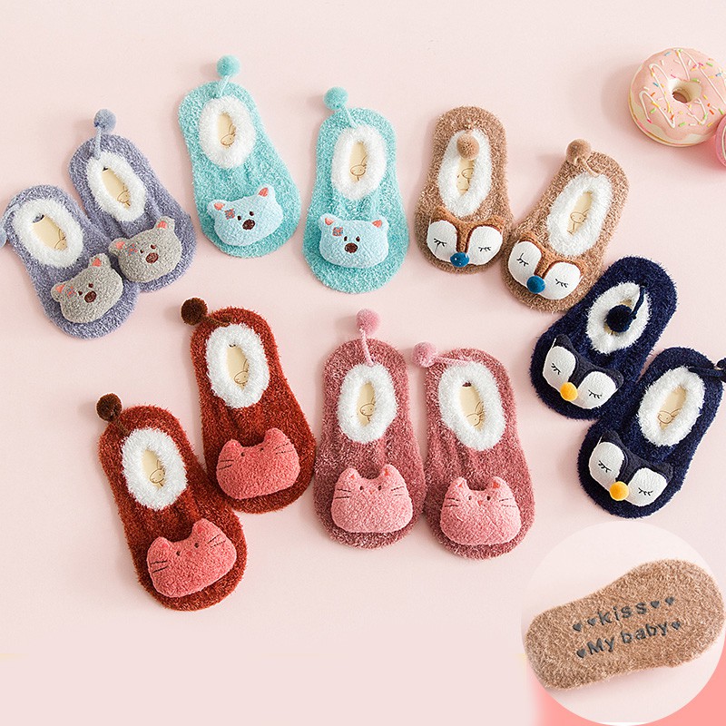 Baby Boys Girls Socks Stereo Doll Feather Yarn Socks Coral Velvet Newborn Floor Socks