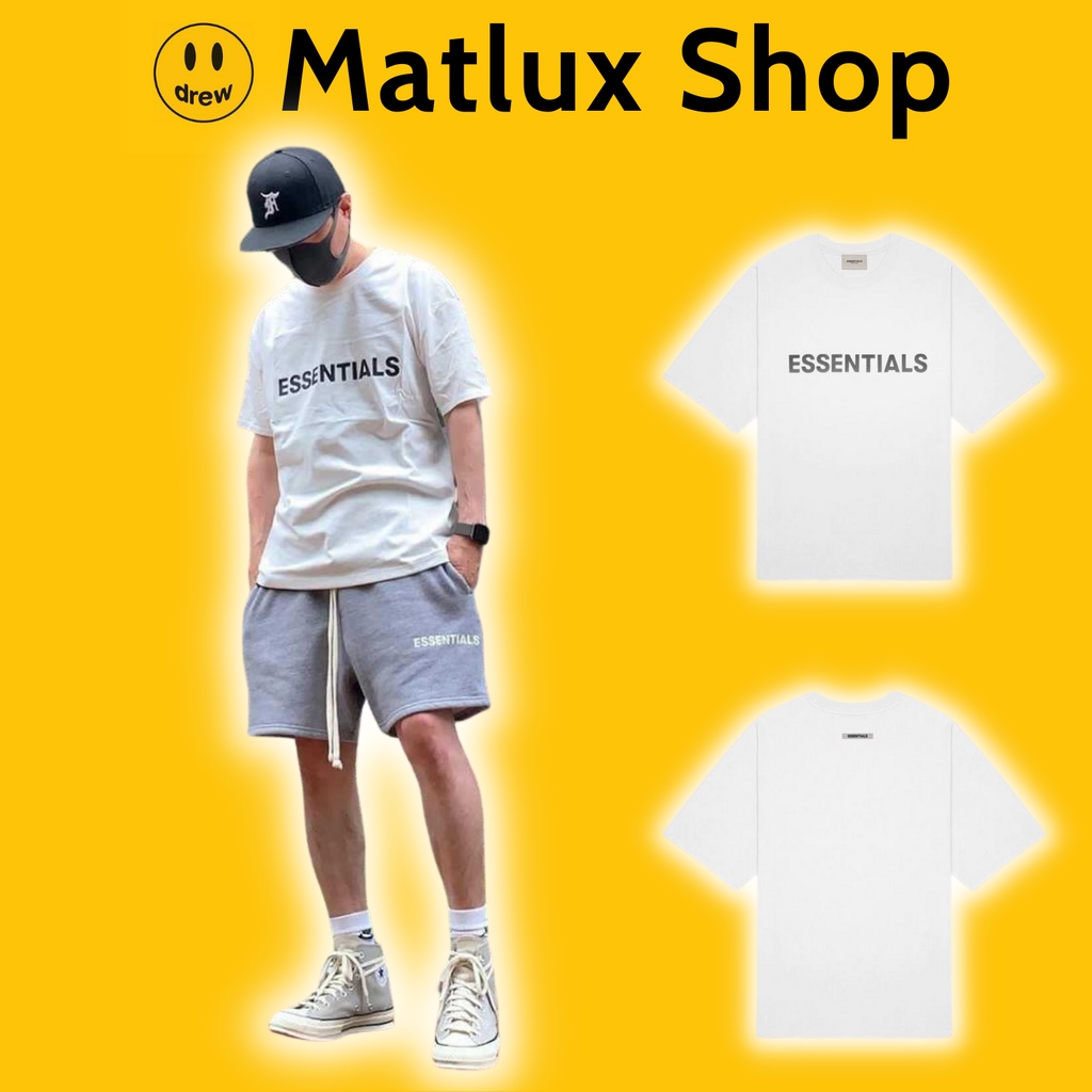 Áo thun Fear Of God FOG Essentials SS20 White bản cao cấp form âu, Áo tee Essentials in chữ silicon