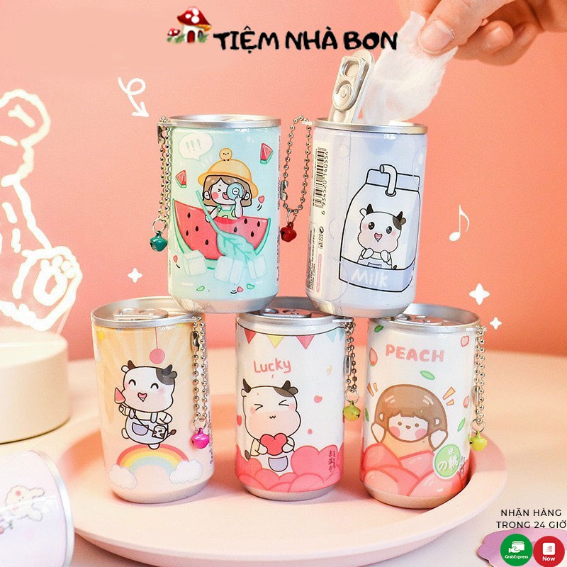 Khăn ướt tẩy trang dạng lon Cartoon, Lon 30 khăn giấy ướt dễ thương có dây móc khóa