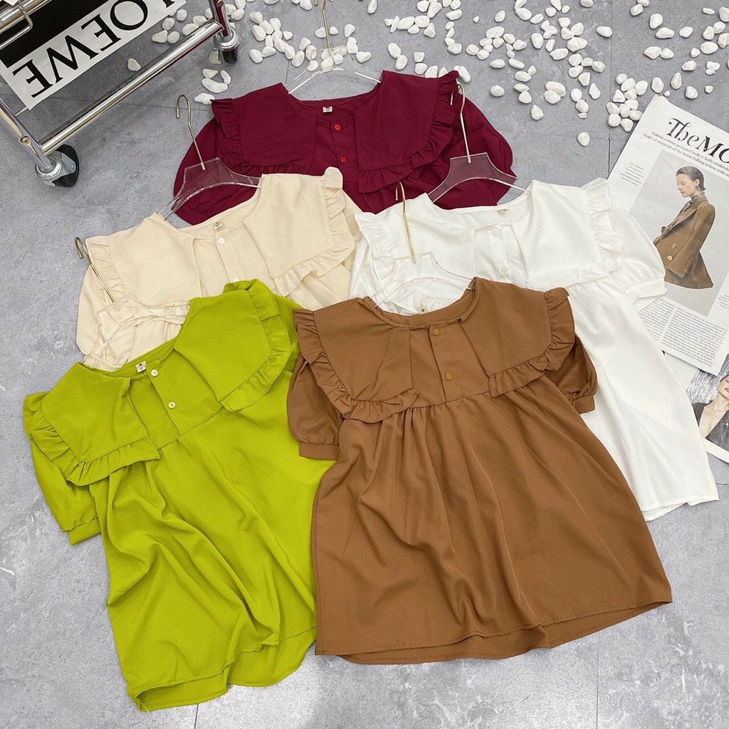 Áo babydoll cổ tròn bánh bèo vuông cộc tay